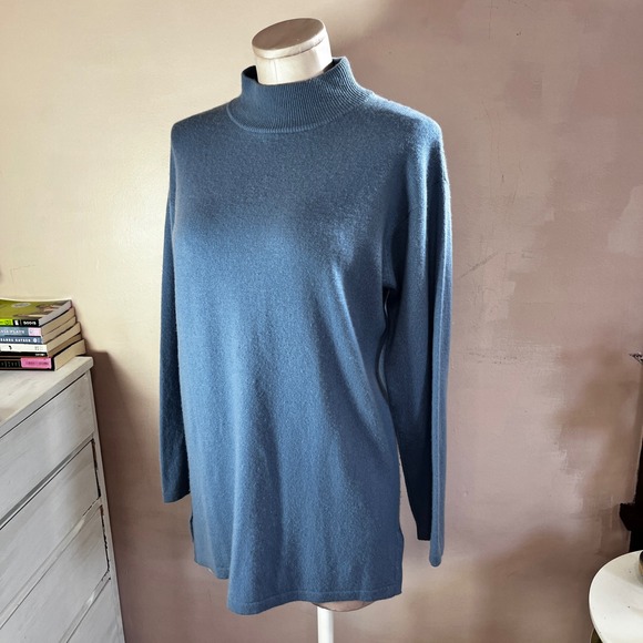 Neiman Marcus Cashmere Mock Neck Sweater Blue Tunic Size S Old Money Vintage - Picture 2 of 11